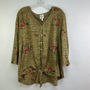 Fig And Flower Sweater Womens 3X Green Floral Embroidered Button Front Tie Hem